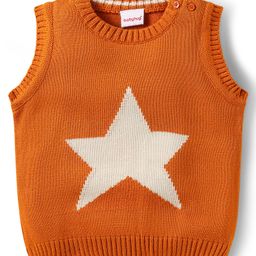 Babyhug Knitted Sleeveless Pullover Sweater Vest with Star Design - Orange-image-94