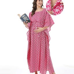 Bella Mama 100% Cotton Woven Maternity Kaftan Nursing Nighty Floral Print - Pink-picture-29