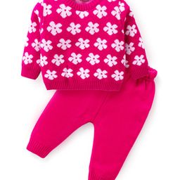 Babyhug Knitted Full Sleeves Pullover Sweater Set With Floral Design- Pink-image-46