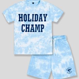 Unicorns Cotton Half Sleeves Holiday Champ Text Printed Tie & Dye Co Ord Set - Blue-15