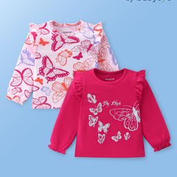 Babyoye 100% Cotton Full Sleeves  Butterfly Printed Tops Pack of 2 -  Pink & White-image-72