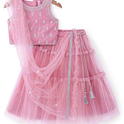 Babyhug Woven Sleeveless Embroidered Choli with Net Lehenga and Sequinned Detailing Dupatta Set - Pink-picture-6