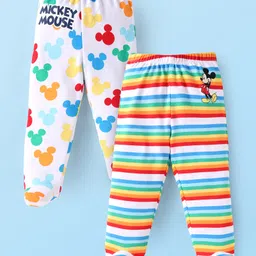 Babyhug Disney Cotton Knit Footed Diaper Leggings With Mickey Mouse Graphics Pack of 2 - White & Yellow-picture-47