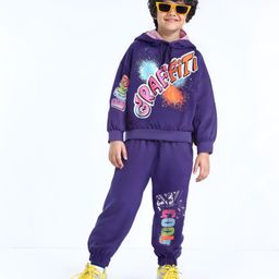 Ollington St. 100% Cotton Knit Full Sleeves Winter Wear Hooded Sweatshirt & Joggers Set with Text Print - Purple-image-99
