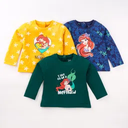 Babyhug Disney Single Jersey Knit Full Sleeves T-Shirts with Disney Princess Graphics Pack of 3 - Green Yellow & Blue-picture-45
