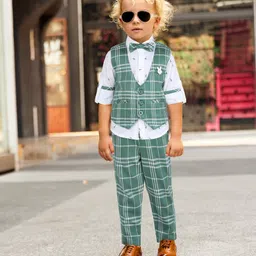 BAD BOYS Cotton Satin Full Sleeves Checked 3 Piece Party Suit Set - Green-picture-11