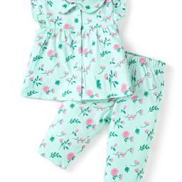 Babyhug Cotton Knit Frill Sleeves Night Suit with Peter Pan Collar & Floral Print - Light Green-image-32