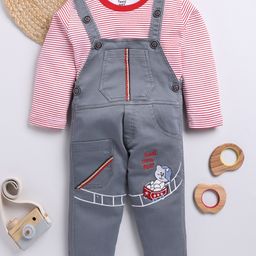 TOONYPORT Cotton Blend Sleeveless Bear Embroidered Dungaree With Full Sleeves Striped Tee Set - Red-image-78