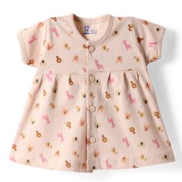Pink Rabbit Single Jersey Knit Half Sleeves Front Open Frock with Kitty Print - Brown-image-54
