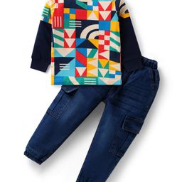 Babyhug Single Jersey Knit Full Sleeves T-Shirt & Joggers Set with Geometric Shapes Print - Blue-image-75