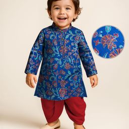 EARTHY TOUCH Single Jersey Knit Full Sleeves Dhoti Kurta Set with Floral Print - Blue & Red-picture-15