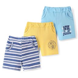 Doodle Poodle 100% Cotton Knit Knee Length Shorts with Stripe & Text Print Pack of 3 - Blue & Light Yellow-picture-32