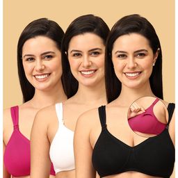 The Mom Store Cotton Elastane Pack Of 3 Sleeveless Solid Nursing & Feeding Non Padded Bra - Black White & Fuchsia-picture-17