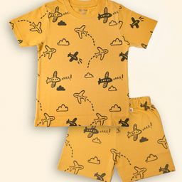 Lil' Roos Cotton Knit Half Sleeves Aeroplanes Printed Coordinating Tee & Shorts Set - Ochre Yellow-image-53