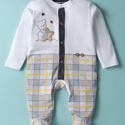 Mini Taurus Interlock Knit Full Sleeves Footed Checks Romper With Animal Patch - Grey-image-41