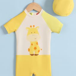 Babyhug Half Raglan Sleeves Legged Swimsuit With Giraffe Print & Cap - Yellow-image-28