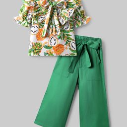 OLLINGTON ST. Slub Woven Printed Half Sleeves Top & Twill Culottes Set - Green-picture-23