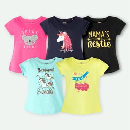 Ariel Cotton Knit Pack Of 5 Half Sleeves Unicorn & Typography Printed Tops - Black Yellow Pink Navy & Sky Blue-image-88