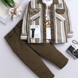 Fourfolds Cotton Blend Woven Full Sleeves Striped Shirt & Trousers With Tee Set - Olive Green-picture-14