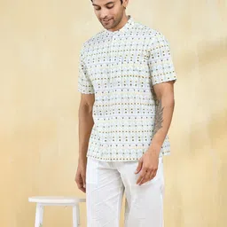 Fabindia Men Relaxed Fit Abstract Printed Band Collar Cotton Casual Shirt-image-29