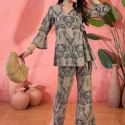 Sangria Floral Printed Pure Cotton Tunic With Trousers Co-Ords-image-70