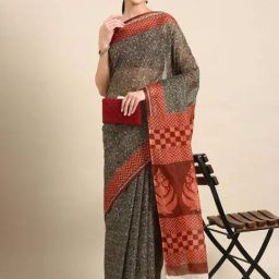 SHANVIKA Mehandi Green & Orange Cotton Printed Saree With Unstitched Blouse-picture-7