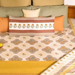 Peepul Tree Ivory & Taupe Pure Cotton Marigold Collection Bedcover image 3