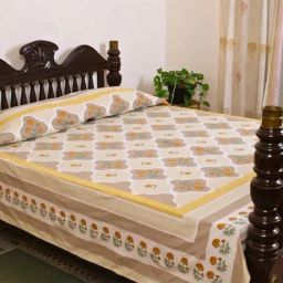 Peepul Tree Ivory & Taupe Pure Cotton Marigold Collection Bedcover-image-97