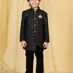 AJ Dezines Kids Black Embellished Full Sleeves Sherwani with Pants-image-103