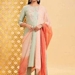 Rangmanch by Pantaloons Aqua Green Embroidered Kurta Palazzo Set With Dupatta-image-61
