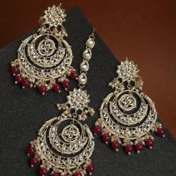 Zeneme Gold Plated Kundan Studded Red Pearl Beaded Maang Tikka & Earrings Set-5