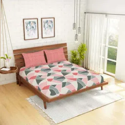 Spaces Atrium Pink & Grey Cotton 144 TC Bed Sheet Set-image-46