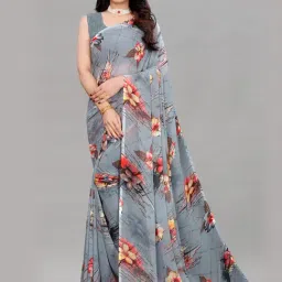 Satrani Grey Georgette Floral Printed Saree with Unstitched Blouse Piece-image-8