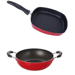 Nirlon Non-Stick Red Aluminium Kadhai & Grill Pan Cooking Item Combo Set - (2.6mm)-35