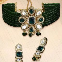 OOMPH Green Stone & Kundan Heavy Ethnic Choker Necklace Set with Drop Earrings-image-41