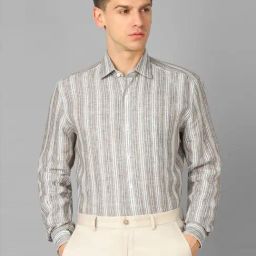 Luxure By Louis Philippe Grey Linen Regular Fit Striped Shirt-picture-17