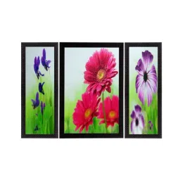 eCraftIndia Set Of 3 Colorful Botanical Floral Satin Matt Texture UV Art Painting-2