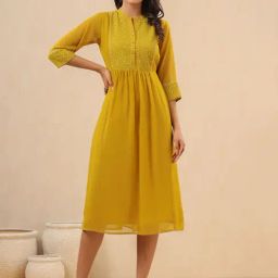 Juniper Mustard Georgette Lacy Midi Dress With Yoke Embroidery & Show Buttons-image-13