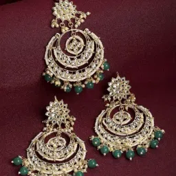 Zeneme Gold Plated Kundan Studded Green Pearl Beaded Maang Tikka & Earrings Set-image-34