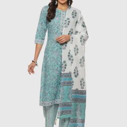 Biba Turquoise Cotton Floral Print Unstitched Dress Material-image-86