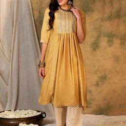 Indo Era Yellow Embroidered A Line Kurta-image-32