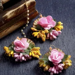 Zeneme Pink Yellow Gold Gotta Patti Drop Maang Tikka & Earring Set-picture-32