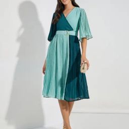 Styli Green Color-Block Midi Dress-image-36