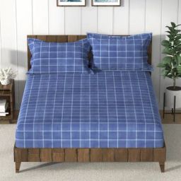 Nautica Bristol Checks Blue 150 TC King Bedsheet with 2 Pillow Covers-image-47