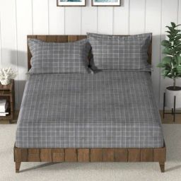 Nautica Bristol Checks Grey 150 TC King Bedsheet with 2 Pillow Covers-image-28