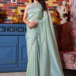 Saree Mall Green Embellished Sarees With Unstitched Blouse-picture-12