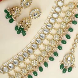 OOMPH Green Beads & Kundan Wedding Choker Necklace Set with Jhumka Earrings & Maangtikka-image-41