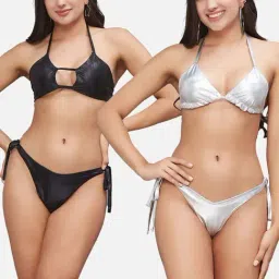 Secrets By ZeroKaata Black & Silver Plain Swimwear Bikini-image-94