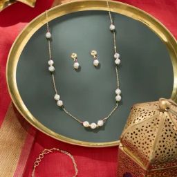 Zaveri Pearls Pink Beads Pearls Necklace, Earring & Bracelet Set-22