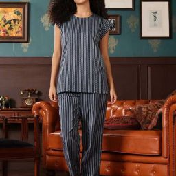 Clovia Navy Blue Cotton Regular Fit Striped Night Suit-image-24
